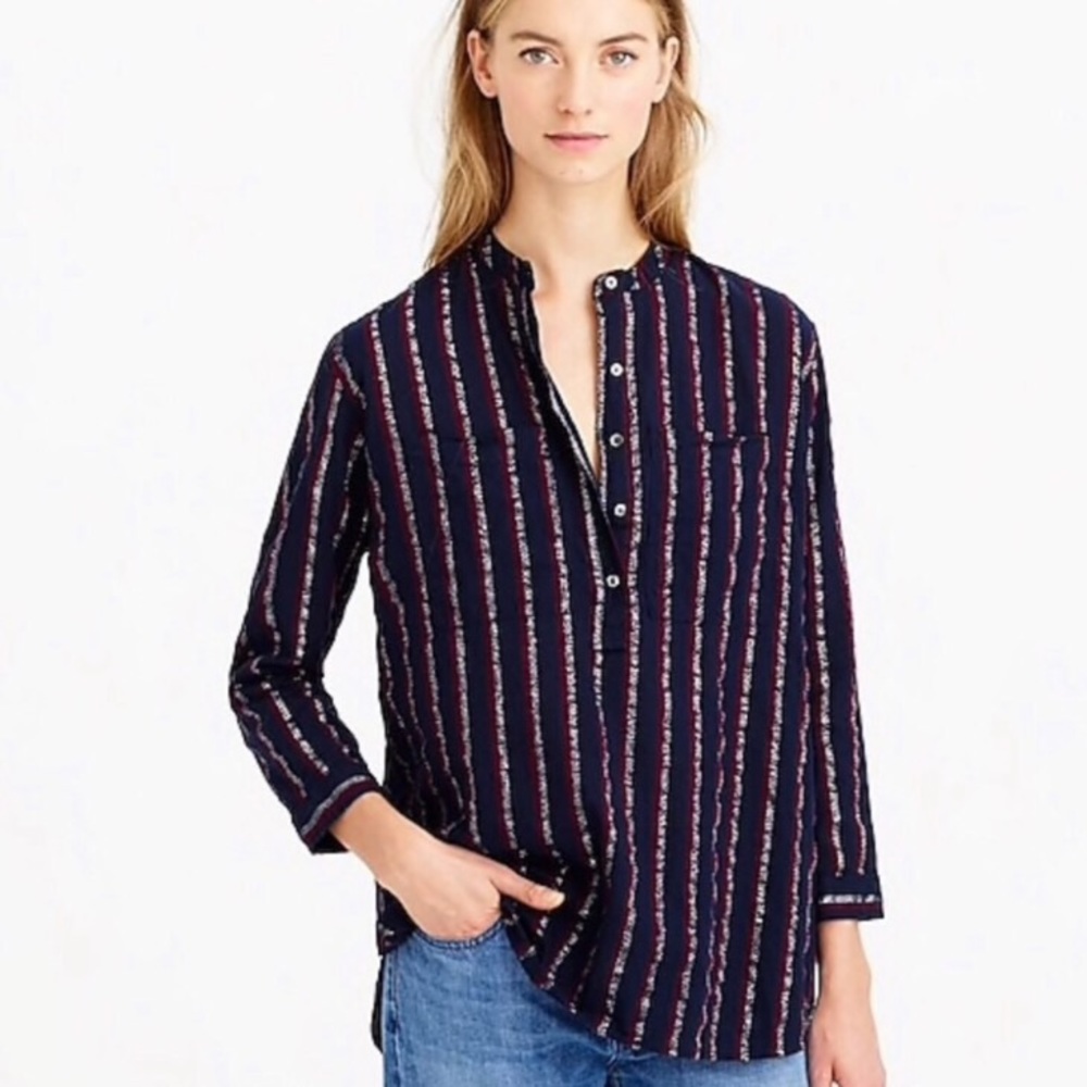 J. Crew Top Navy Metallic Stripe Popover Tunic 1/2 Button Shirt Long Sleeve - Picture 8 of 8